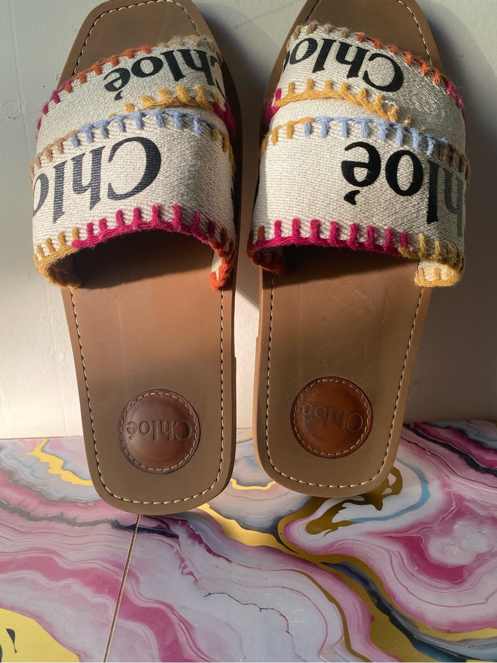 Chloe Woody Embroidered Canvas Logo Flat Slide Sandal Size 38 US 8 Boho - Picture 11 of 12